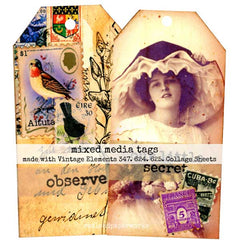Collage of vintage elements including a woman's portrait, stamps, and text on a decorative tag.