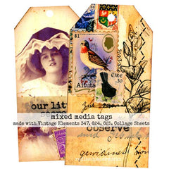 Two vintage-style mixed media tags with collage elements and text.