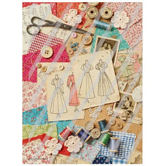 Collage of sewing materials including fabric, buttons, and patterned paper with vintage clothing designs.