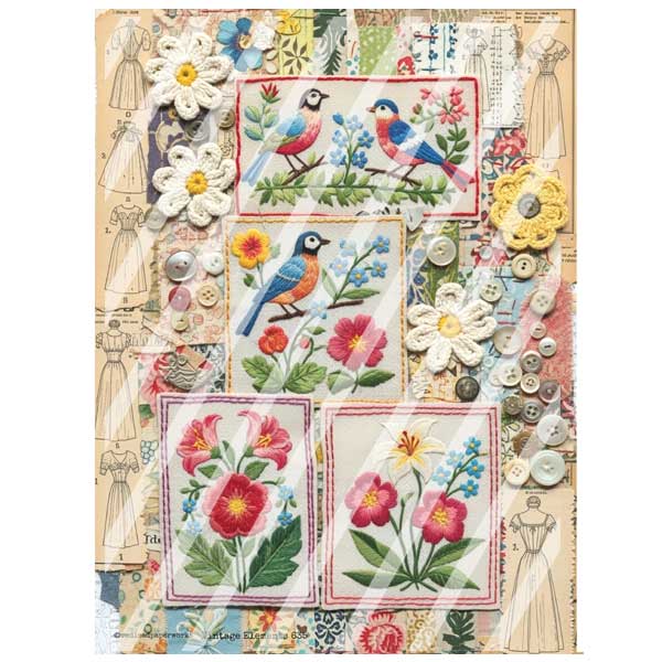 Vintage Elements 635 Faux Fabric Scraps Paper Collage Sheet Decorative paper sheet with floral, bird, and dress designs on a beige background.
