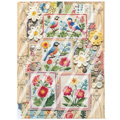 Decorative paper sheet with floral, bird, and dress designs on a beige background.