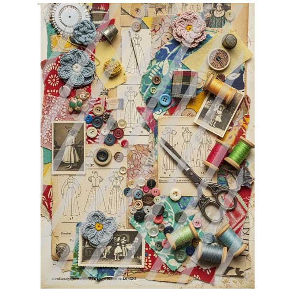 Vintage Elements 636 Faux Fabric Scraps Paper Collage Sheet Collage of sewing materials including buttons, scissors, and spools of thread on a decorative background.