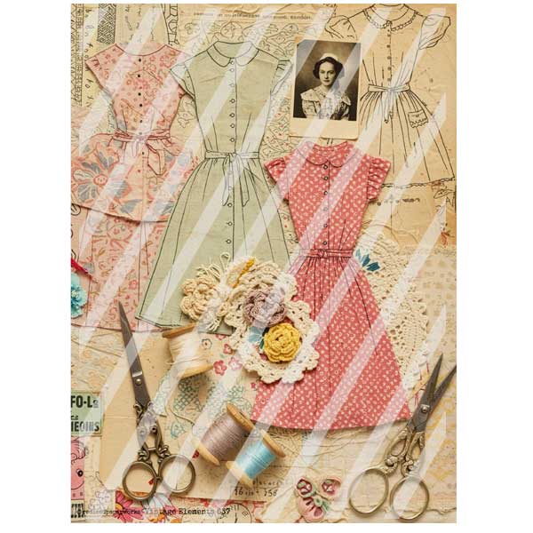 Vintage Elements 637 Faux Fabric Scraps Paper Collage Sheet Collage of vintage dresses, scissors, and sewing items on a textured background