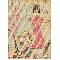 Collage of vintage dresses, scissors, and sewing items on a textured background