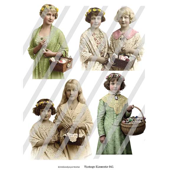 Vintage Elements 641 Sewist Paper Dolls Collage Sheet Collage of vintage-style women in green and beige dresses with floral headbands, holding baskets.
