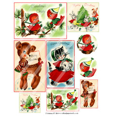 cute bird postcard Christmas collage sheet