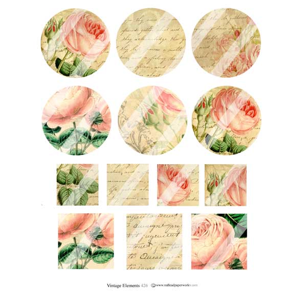 Vintage Elements 426 Roses Circles and Squares Collage Sheet Roses Circles and Squares Collage Sheet