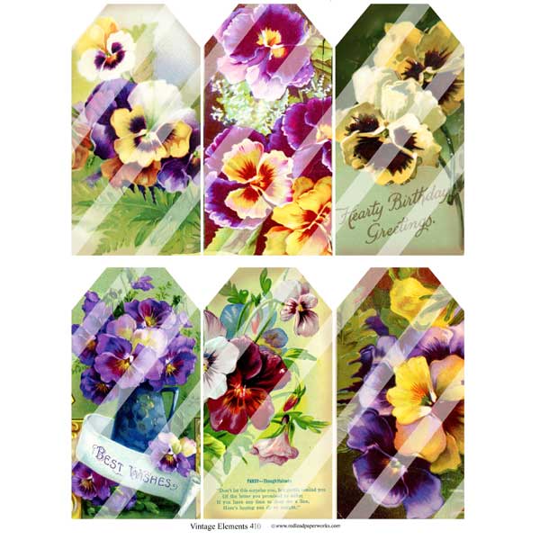 Vintage Elements 410 Pansy Tags Collage Sheet