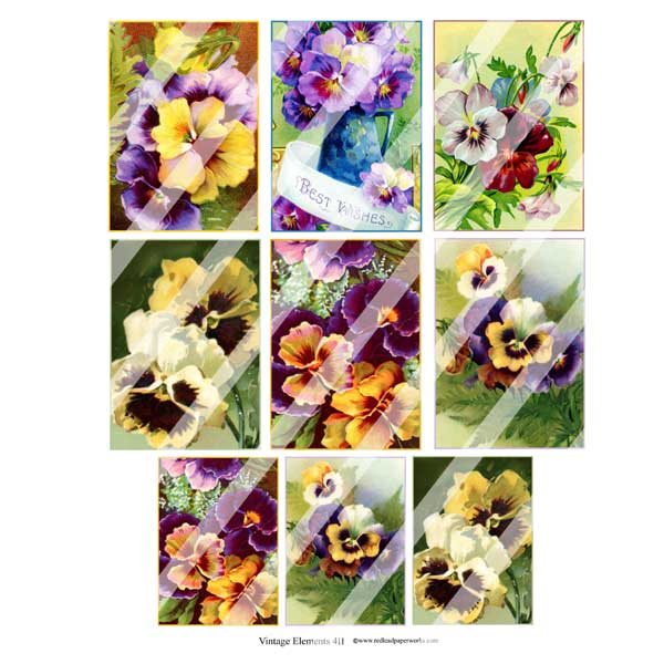 Vintage Elements 411 Pansy Artist Trading Cards Collage Sheet Pansy Artist Trading Cards Collage Sheet