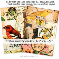 Artist Trading Cards Collage sheet with vintage elements, wood-mounted word stamps, and vintage postage stamps.