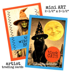 Black Cats Artist Trading Card featuring a smiling moon and a Black Cat wearing a Wizard Hat.