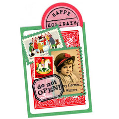 Vintage-style Christmas card with stamps and 'Happy Holidays' rubber stamp