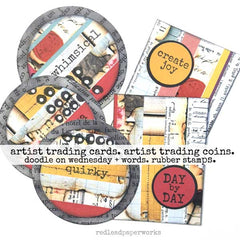 Collection of artist trading cards and coins with doodles and words.