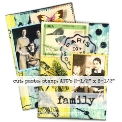 Three ATC cards with vintage-style designs and text, featuring images of people and text like 'family'.