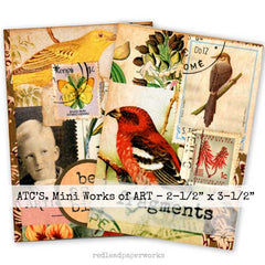 Artist Trading Cards Collage of vintage-style art pieces with birds, a child's face, and text on a white background.