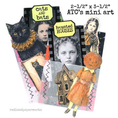 Vintage Style Halloween Artist Trading Cards made with Vintage Style Halloween Collage Sheets, Rubber Stamped Words, Haunted Houses, Halloween Paper Dolls.