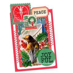 Decorative card with vintage stamps, a bird, and holly leaves.