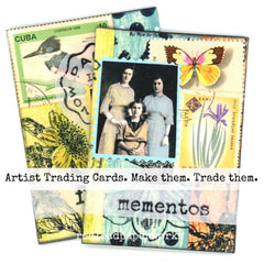 Collection of artist trading cards with vintage design elements and text.
