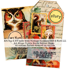 Art tag with vintage elements and autumn forest theme, featuring an owl and squirrel.
