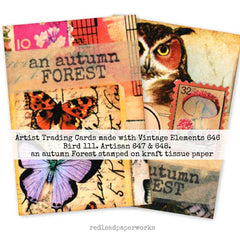 Collage of artist trading cards with vintage elements and 'an autumn forest' text on kraft tissue paper.