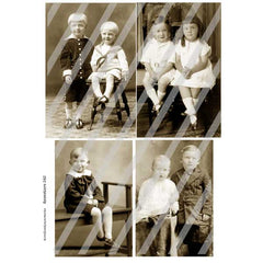 Collage of vintage black and white photos of children sitting on a bench.