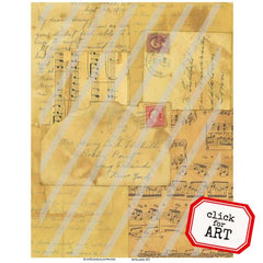 Vintage-style paper with handwritten text, music notes, and stamps on a yellow background.