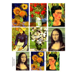 Collage Sheet of famous artworks including sunflowers, still life with fruit, portraits, and floral arrangements.