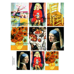 Collage of famous artworks including 'Sunflowers', 'Girl with a Pearl Earring', and 'Still Life with Apples'.