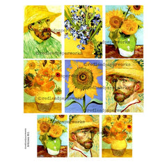 Collage of Van Gogh paintings featuring sunflowers and portraits on a white background.