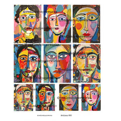 6  abstract Artist Trading Cards that are cubist-style portrait paintings featuring stylized artistic faces in bold multicolored brushstrokes.