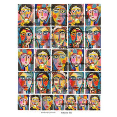 A collage sheet of colorful mini artist trading cards art prints featuring stylized faces in an abstract, collage-like expressionist style. The collage sheet contains multiple small portraits.