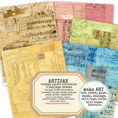Collection of vintage-style collage sheets with music notes and text, labeled 'Artisan'.