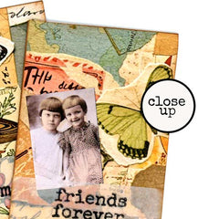 Collage with vintage photo of two children, butterfly, and text 'friends forever' on a textured background.