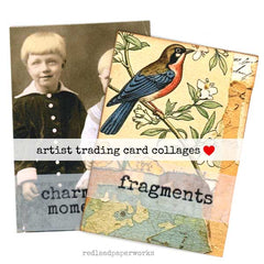 Collage of vintage-style cards with a boy's portrait, bird illustration, and world map.