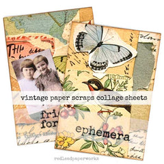 Vintage paper scraps collage sheets with photos and nature-themed designs.