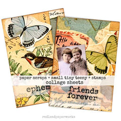 Collage sheets with vintage-style designs, butterflies, birds, and text on a white background.