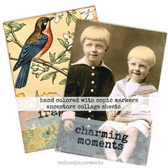Collage sheets with vintage-style illustrations and text, including a bird, children, and map.