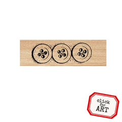 Rubber stamp with three button designs on a wooden block