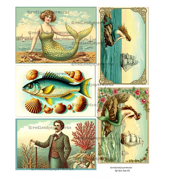 By the Sea Mermaid Post Cards Collage Sheet 56