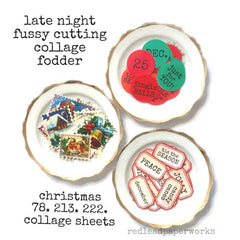 Decorative Christmas collage sheets with festive designs on a white background.