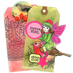 Decorative Christmas tag with fairy and robin design, featuring 'joyeux NOEL' wood mount rubber stamp