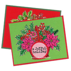 Two Christmas-themed cards with holly and poinsettia design on a white background.
