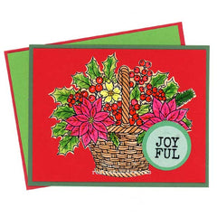 Holiday card rubber stamped with a basket of flowers and berries on a red background