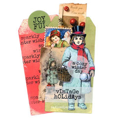 Vintage-style holiday card with winter scene and text 'a cozy winter day'.