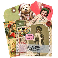 Vintage-style holiday cards with a bear and child, featuring text 'peace on Earth' and 'a Joyful holi'Day'.