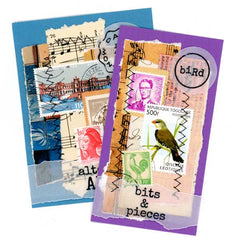 Two decorative greeting cards with vintage stamp designs 