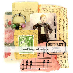 Collage cluster with vintage elements including a key, postcard, and music notes.