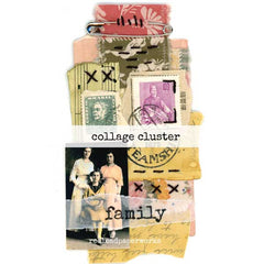 Mixed Media Collage cluster with vintage stamps, stitching, vintage photos.
