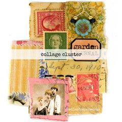 Mixed Media Collage cluster with vintage stamps, photos, stitching, beads