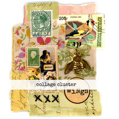 Mixed Media Collage cluster with vintage elements, photos, charms and fabrics. 